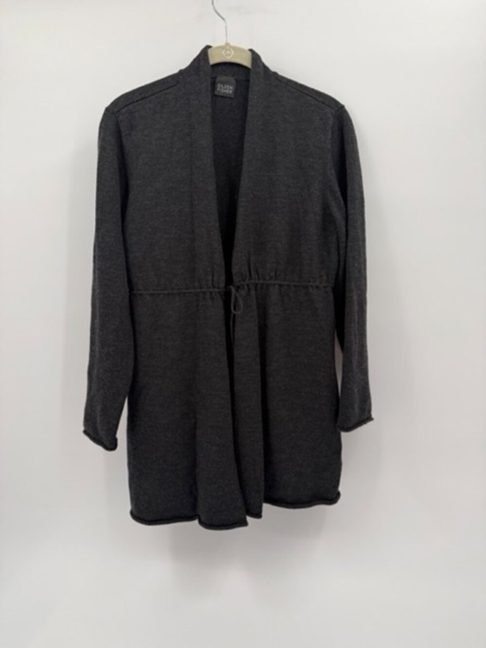 Eileen Fisher 100% Merino Wool Long Cardigan Charcoal Gray Drawstring